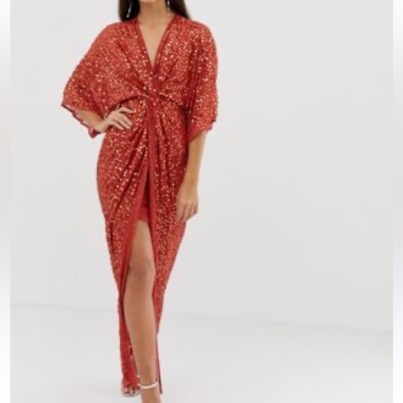 asos orange kimono dress ASOS DESIGN kimono midi dress in satin with asymmetric sleeve